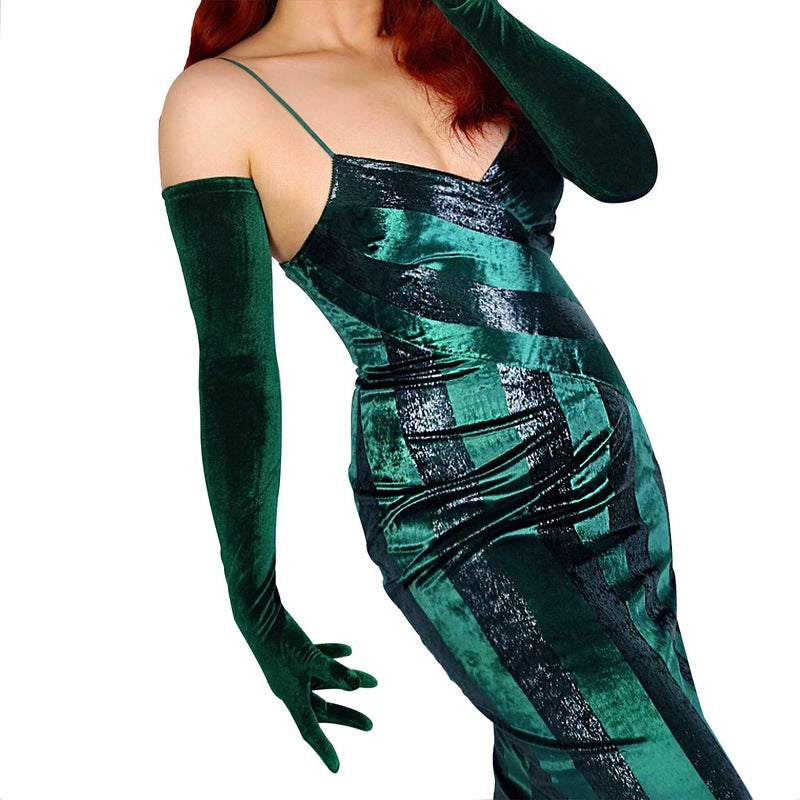 DooWay Women Super Long Velvet Gloves Dark Green 28 inches Stretch Soft Opera Formal Halloween Christmas Party Gloves - Image 1